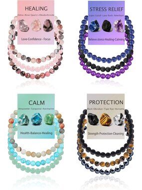 12pcs Natural Stone Healing Crystal Bead Bracelets for Women - Boho Jewelry Set